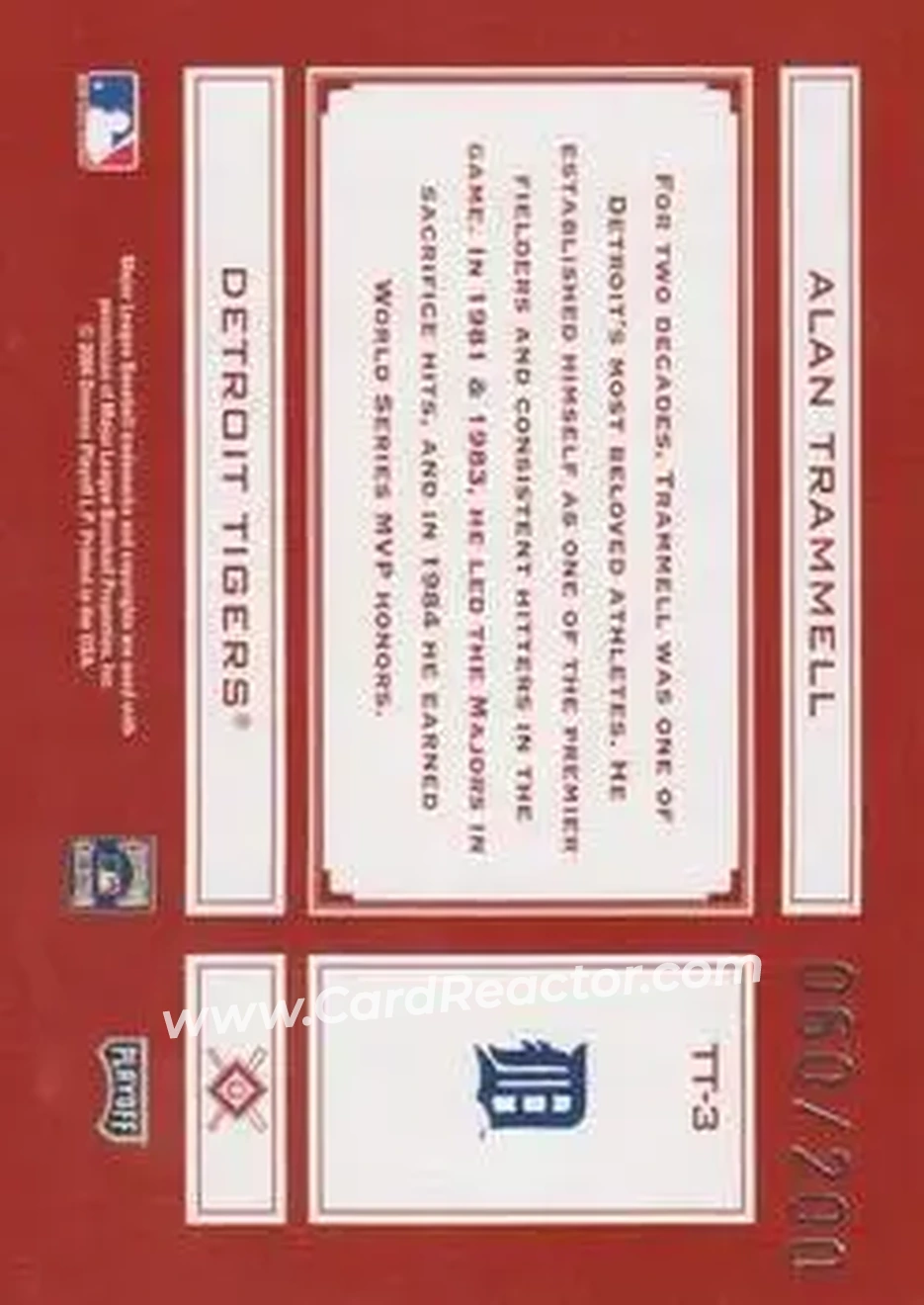 2004 Playoff Absolute Memorabilia - Tools of the Trade Red #TT-3 - Alan Trammell - Detroit Tigers - Back