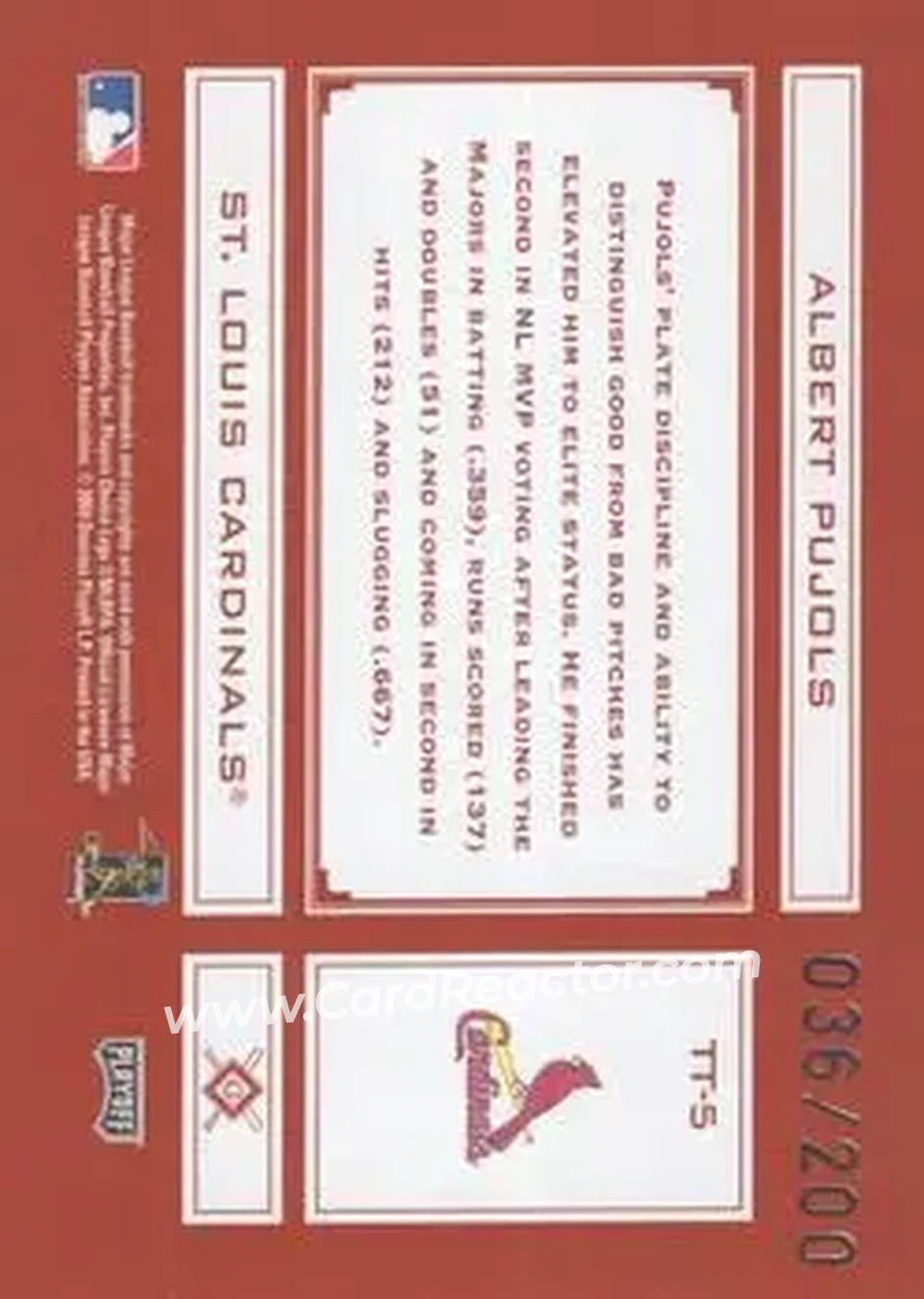 2004 Playoff Absolute Memorabilia - Tools of the Trade Red #TT-5 - Albert Pujols - St. Louis Cardinals - Back