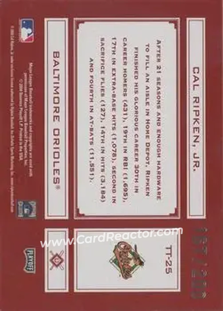 2004 Playoff Absolute Memorabilia - Tools of the Trade Red #TT-25 - Cal Ripken - Baltimore Orioles - Back 2004 Playoff Absolute Memorabilia - Tools of the Trade Red #TT-25 - Cal Ripken - Baltimore Orioles - Back