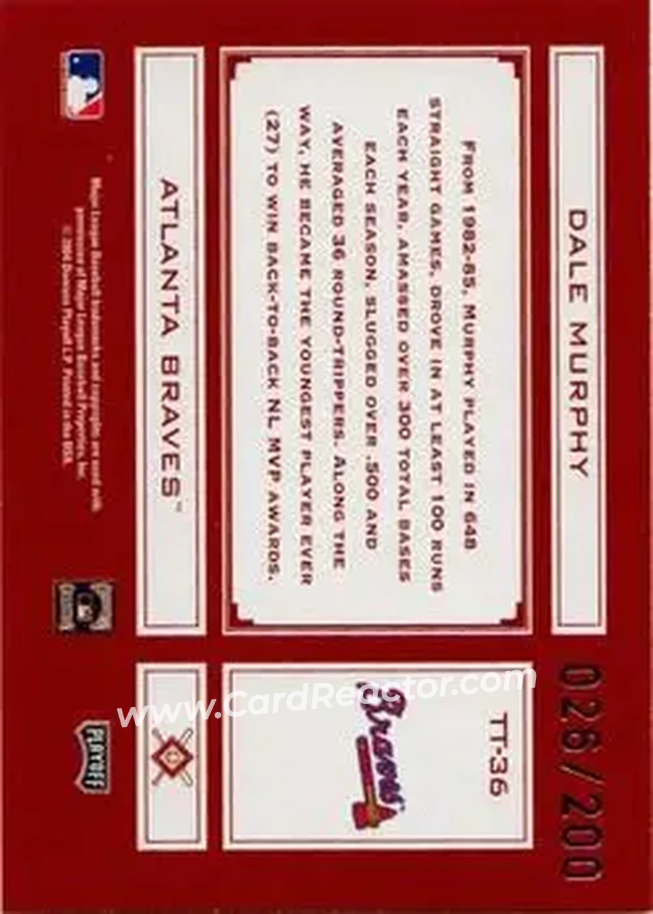 2004 Playoff Absolute Memorabilia - Tools of the Trade Red #TT-36 - Dale Murphy - Atlanta Braves - Back