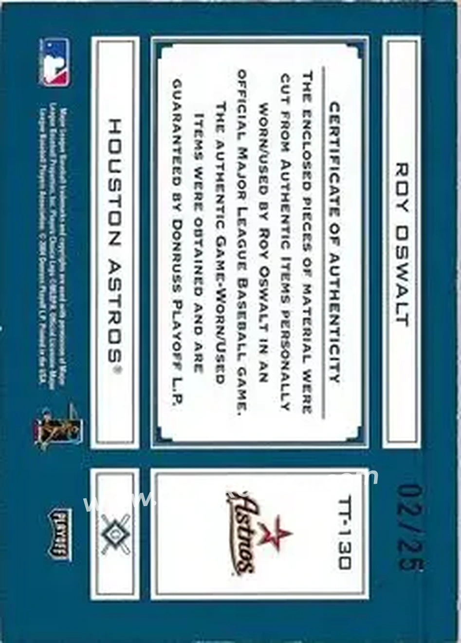 2004 Playoff Absolute Memorabilia - Tools of the Trade Material Six #TT-130 - Roy Oswalt - Houston Astros - Back