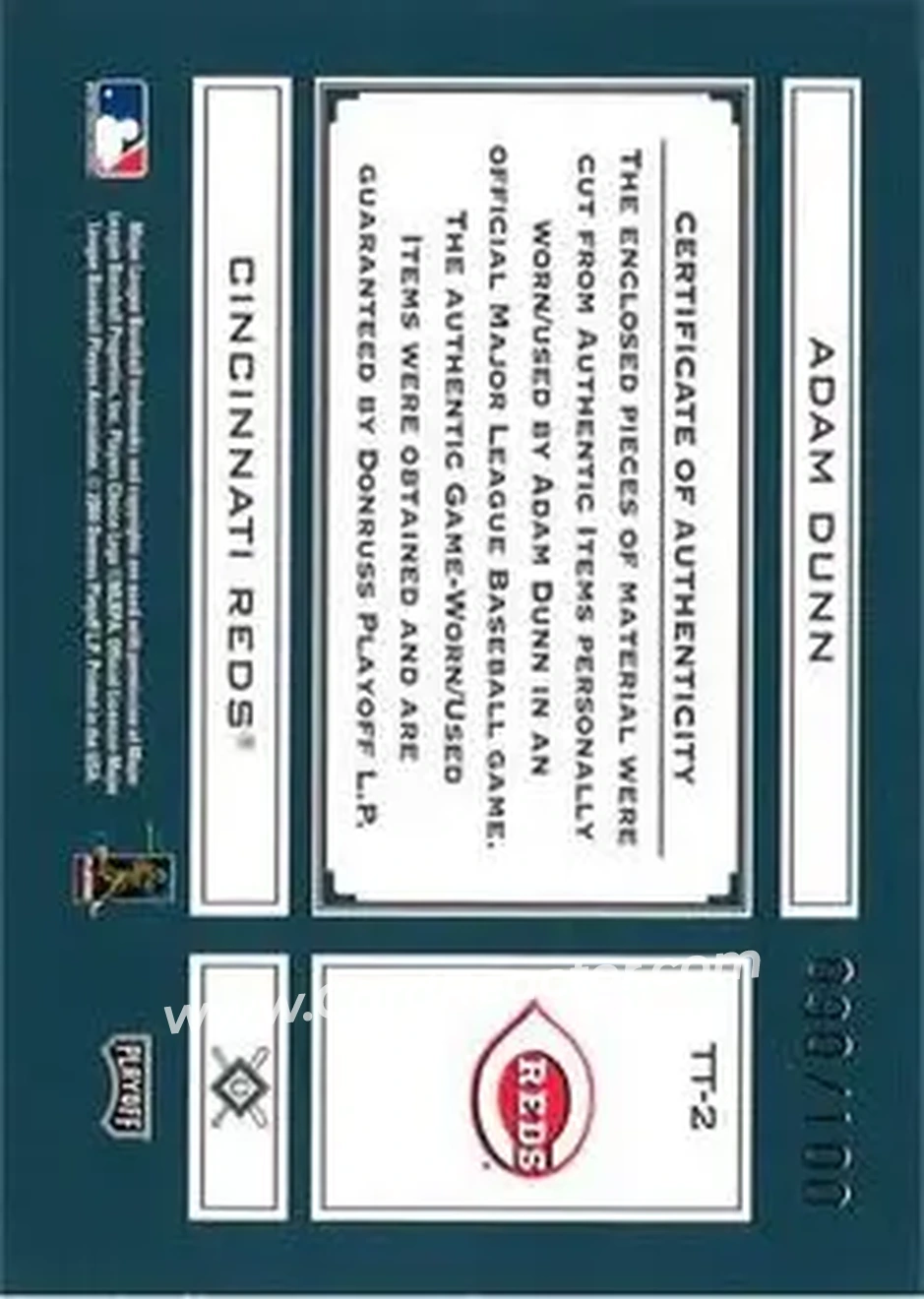 2004 Playoff Absolute Memorabilia - Tools of the Trade Material Trio #TT-2 - Adam Dunn - Cincinnati Reds - Back