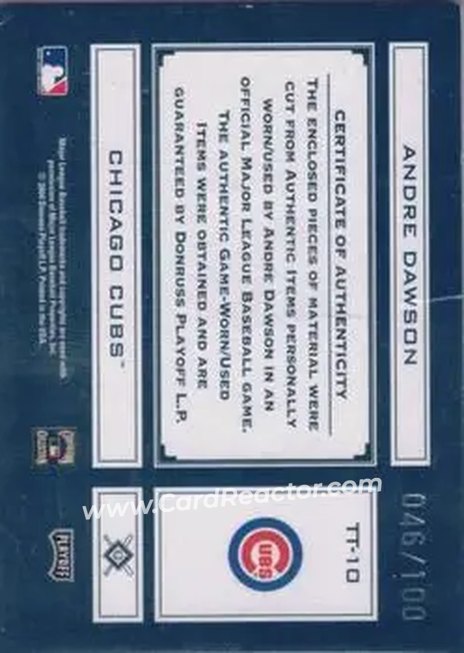 2004 Playoff Absolute Memorabilia - Tools of the Trade Material Trio #TT-10 - Andre Dawson - Chicago Cubs - Back