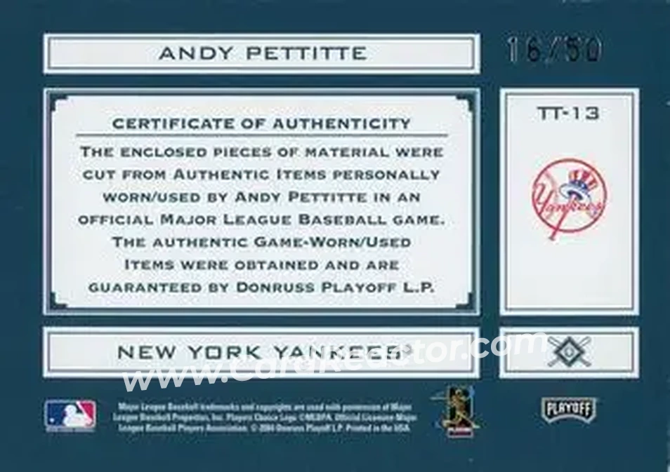 2004 Playoff Absolute Memorabilia - Tools of the Trade Material Trio #TT-13 - Andy Pettitte - New York Yankees - Back