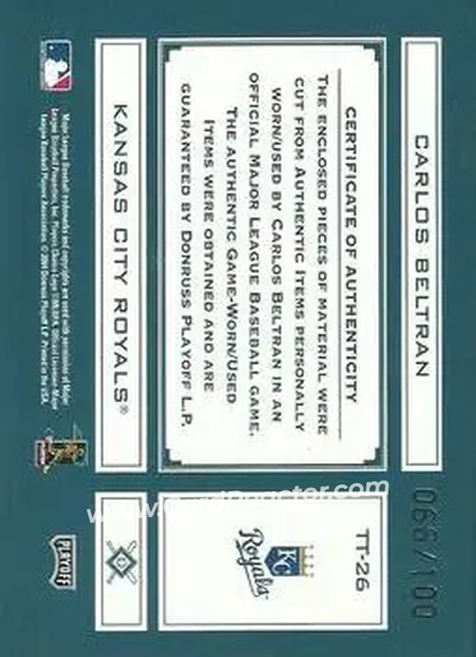 2004 Playoff Absolute Memorabilia - Tools of the Trade Material Trio #TT-26 - Carlos Beltran - Kansas City Royals - Back