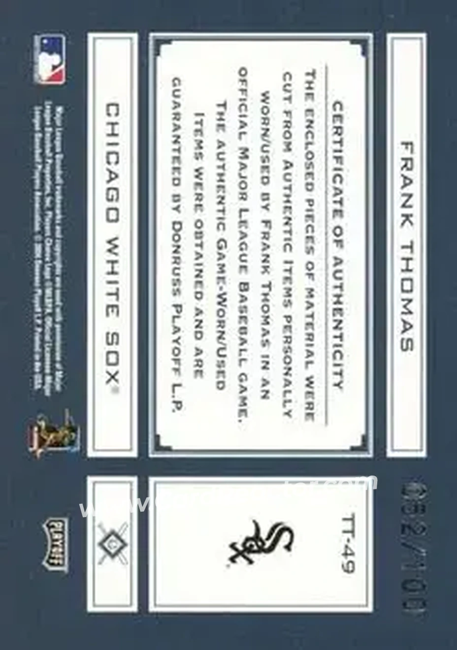 2004 Playoff Absolute Memorabilia - Tools of the Trade Material Trio #TT-49 - Frank Thomas - Chicago White Sox - Back