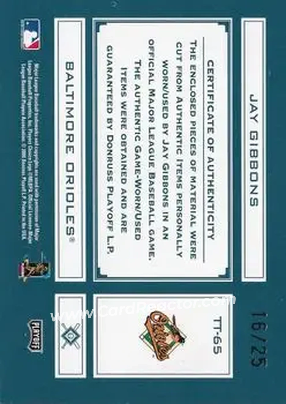2004 Playoff Absolute Memorabilia - Tools of the Trade Material Trio #TT-65 - Jay Gibbons - Baltimore Orioles - Back