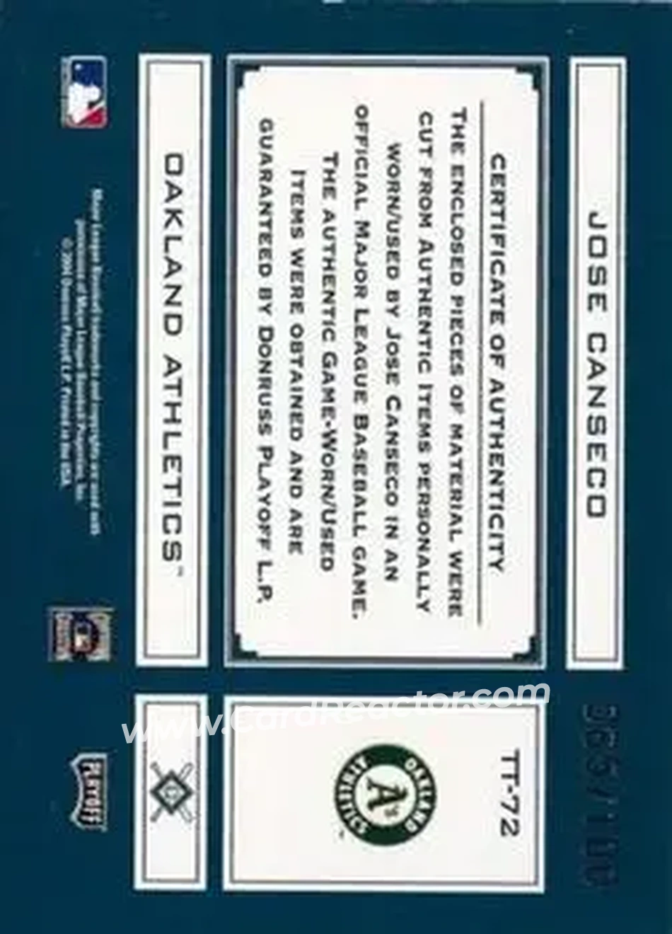 2004 Playoff Absolute Memorabilia - Tools of the Trade Material Trio #TT-72 - Jose Canseco - Oakland Athletics - Back