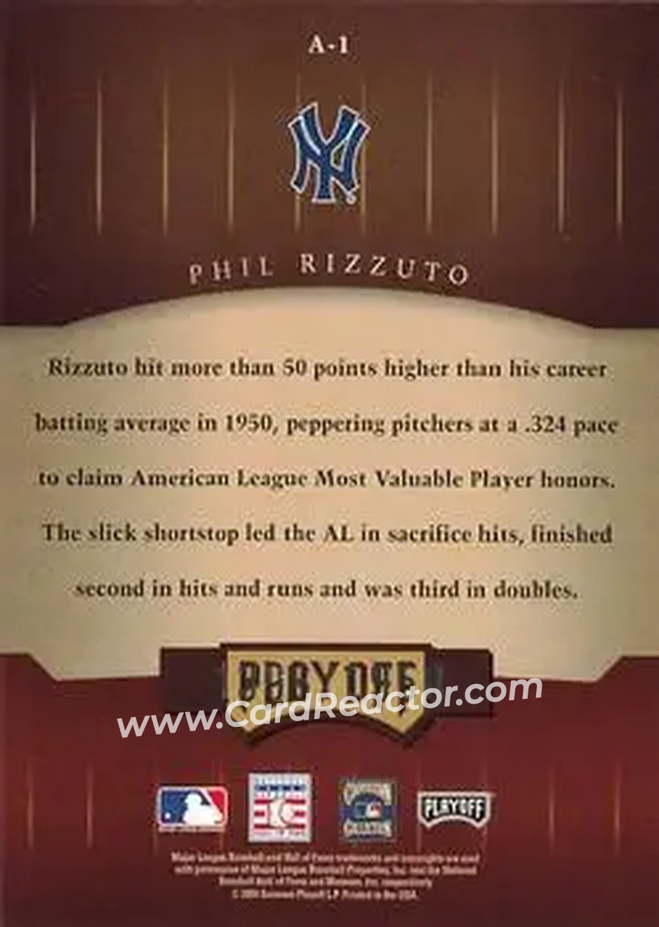 2004 Playoff Honors - Awards #A-1 - Phil Rizzuto - New York Yankees - Back