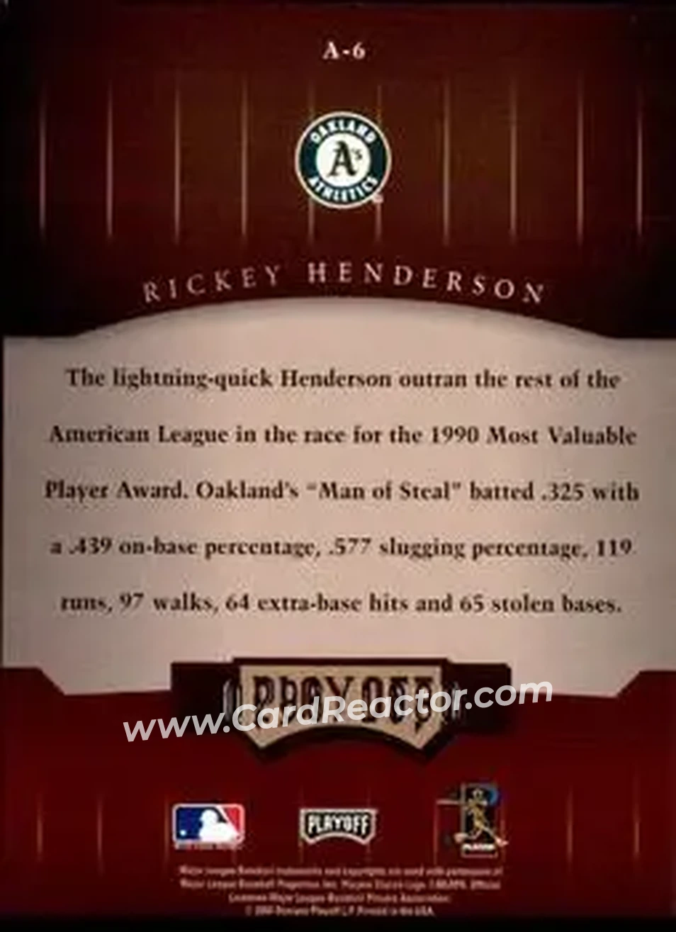 2004 Playoff Honors - Awards #A-6 - Rickey Henderson - Oakland Athletics - Back