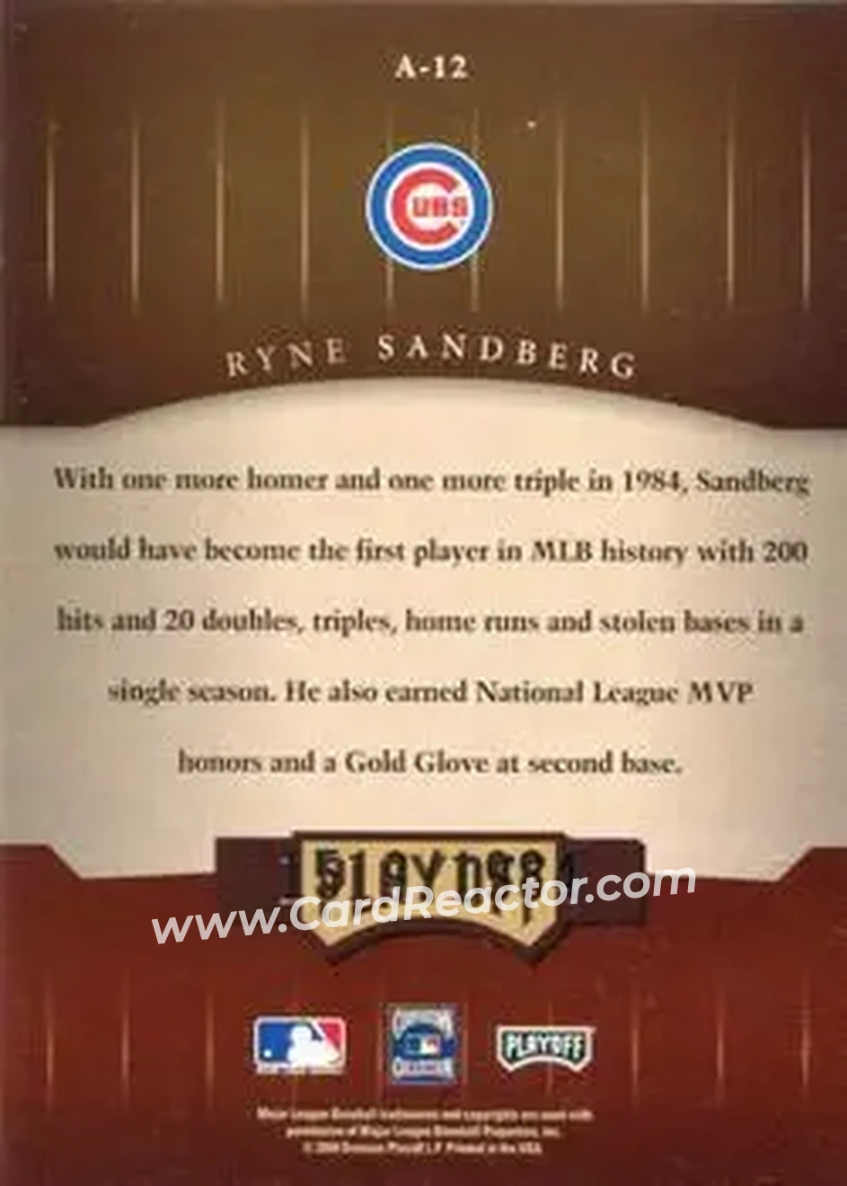 2004 Playoff Honors - Awards #A-12 - Ryne Sandberg - Chicago Cubs - Back