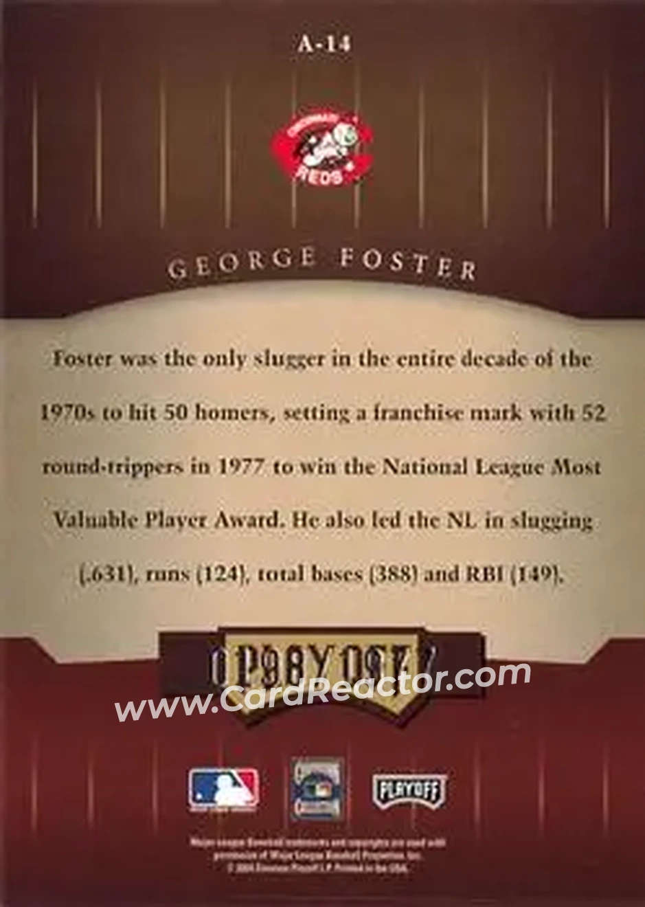 2004 Playoff Honors - Awards #A-14 - George Foster - Cincinnati Reds - Back