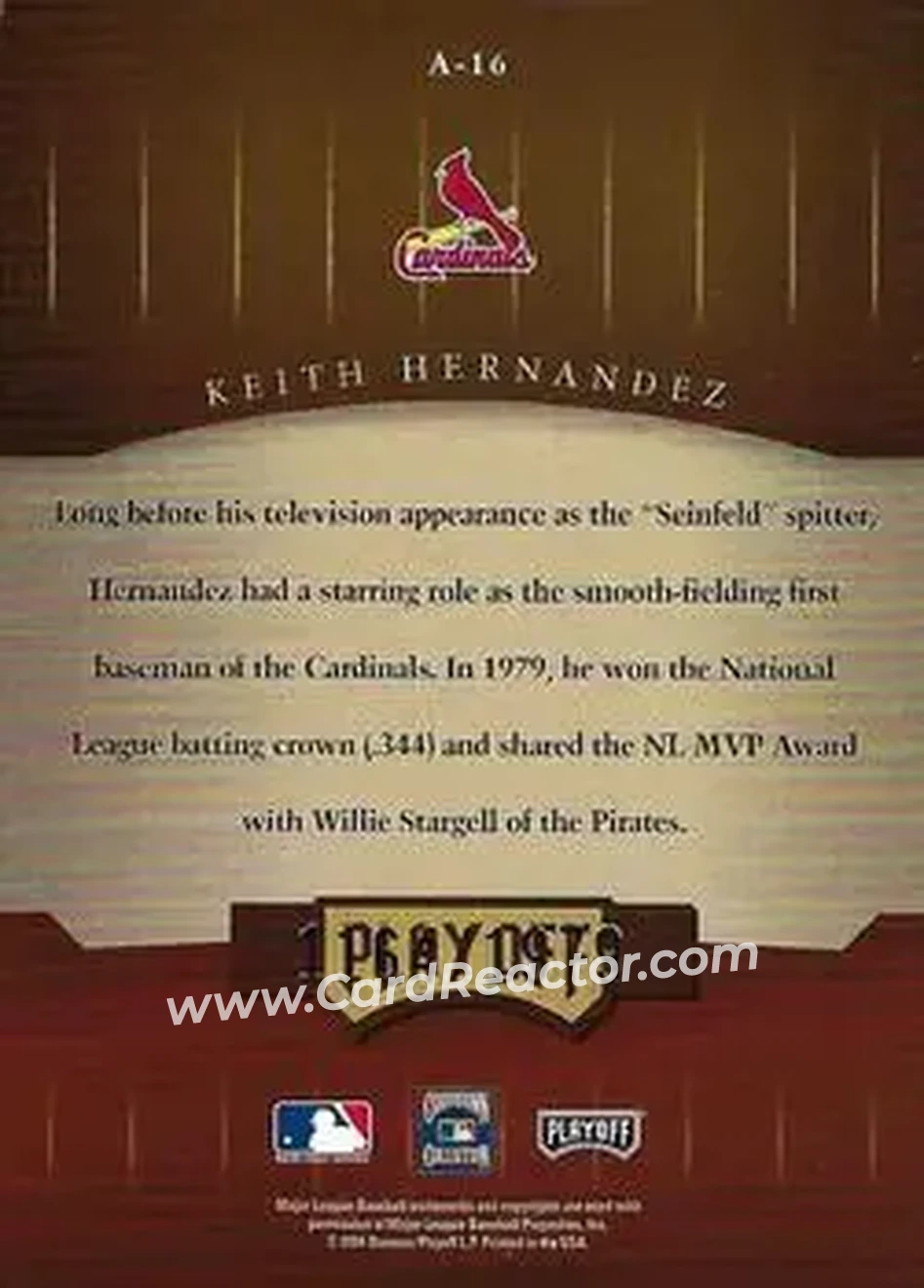 2004 Playoff Honors - Awards #A-16 - Keith Hernandez - St. Louis Cardinals - Back
