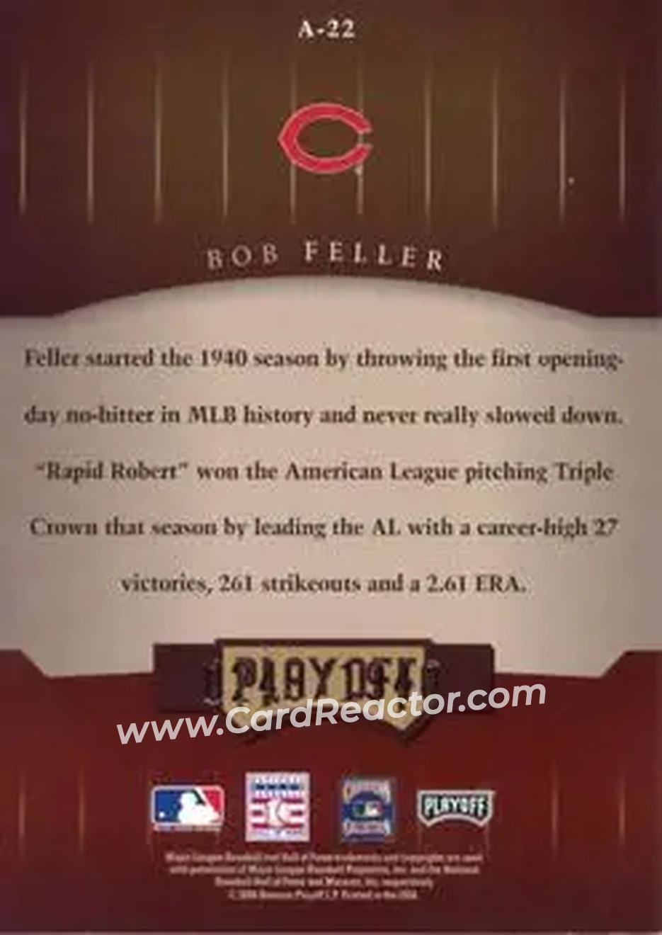 2004 Playoff Honors - Awards #A-22 - Bob Feller - Cleveland Indians - Back