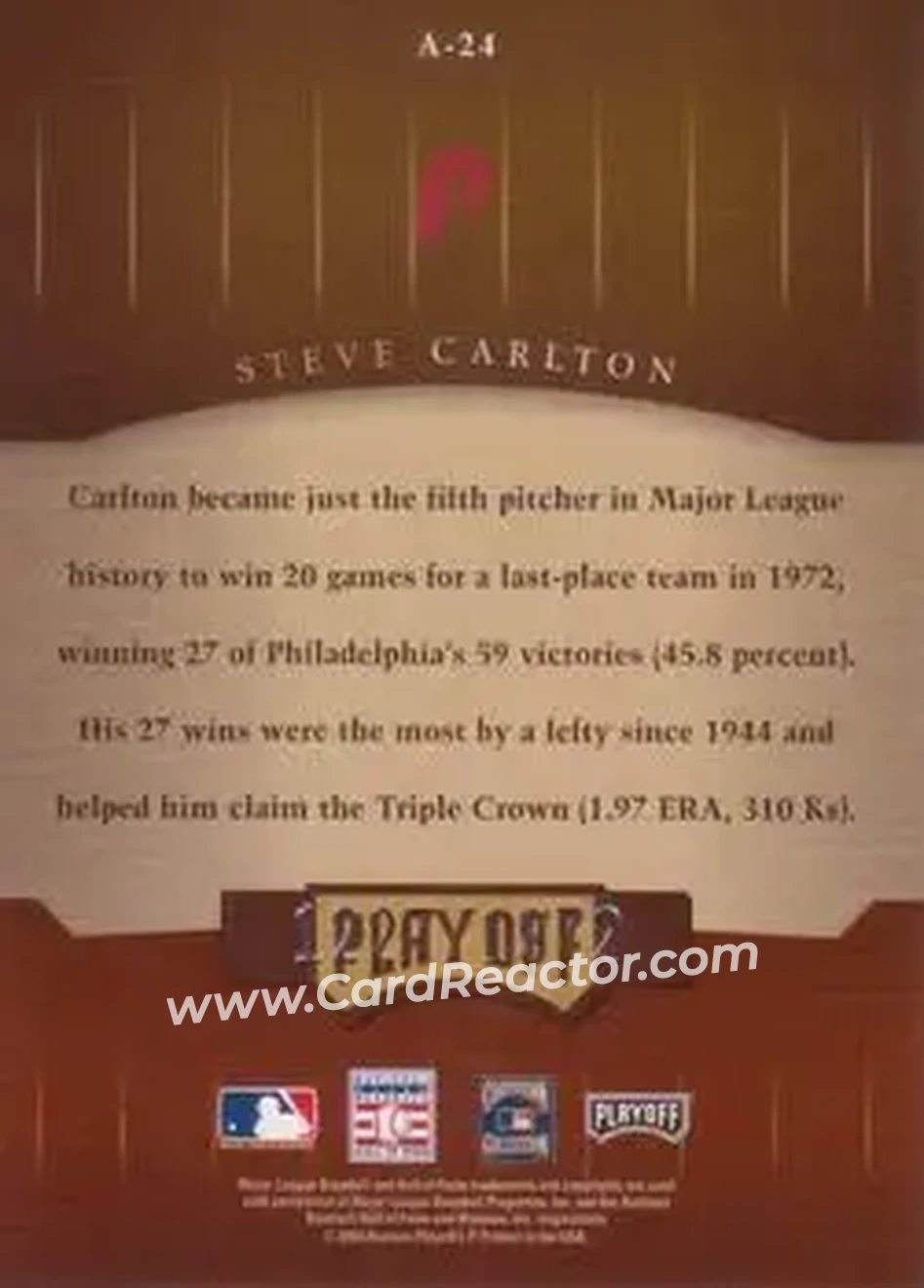 2004 Playoff Honors - Awards #A-24 - Steve Carlton - Philadelphia Phillies - Back