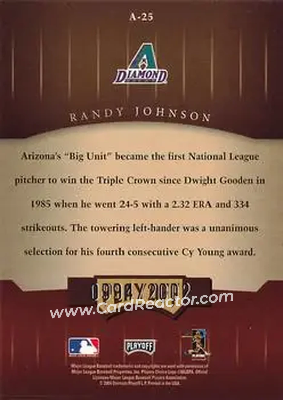 2004 Playoff Honors - Awards #A-25 - Randy Johnson - Arizona Diamondbacks - Back