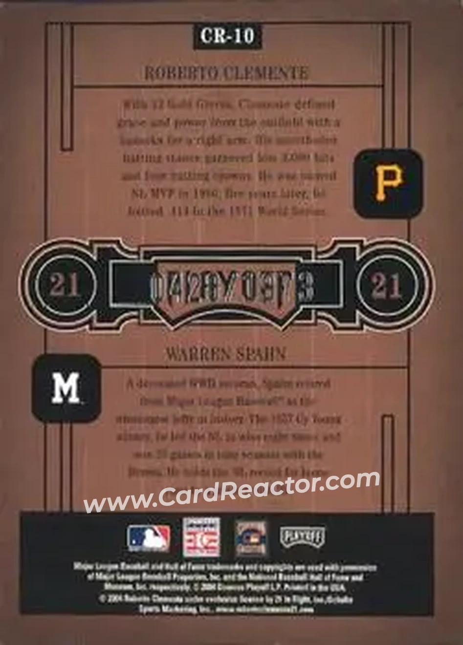 2004 Playoff Honors - Class Reunion #CR-10 - Roberto Clemente - Warren Spahn - Back