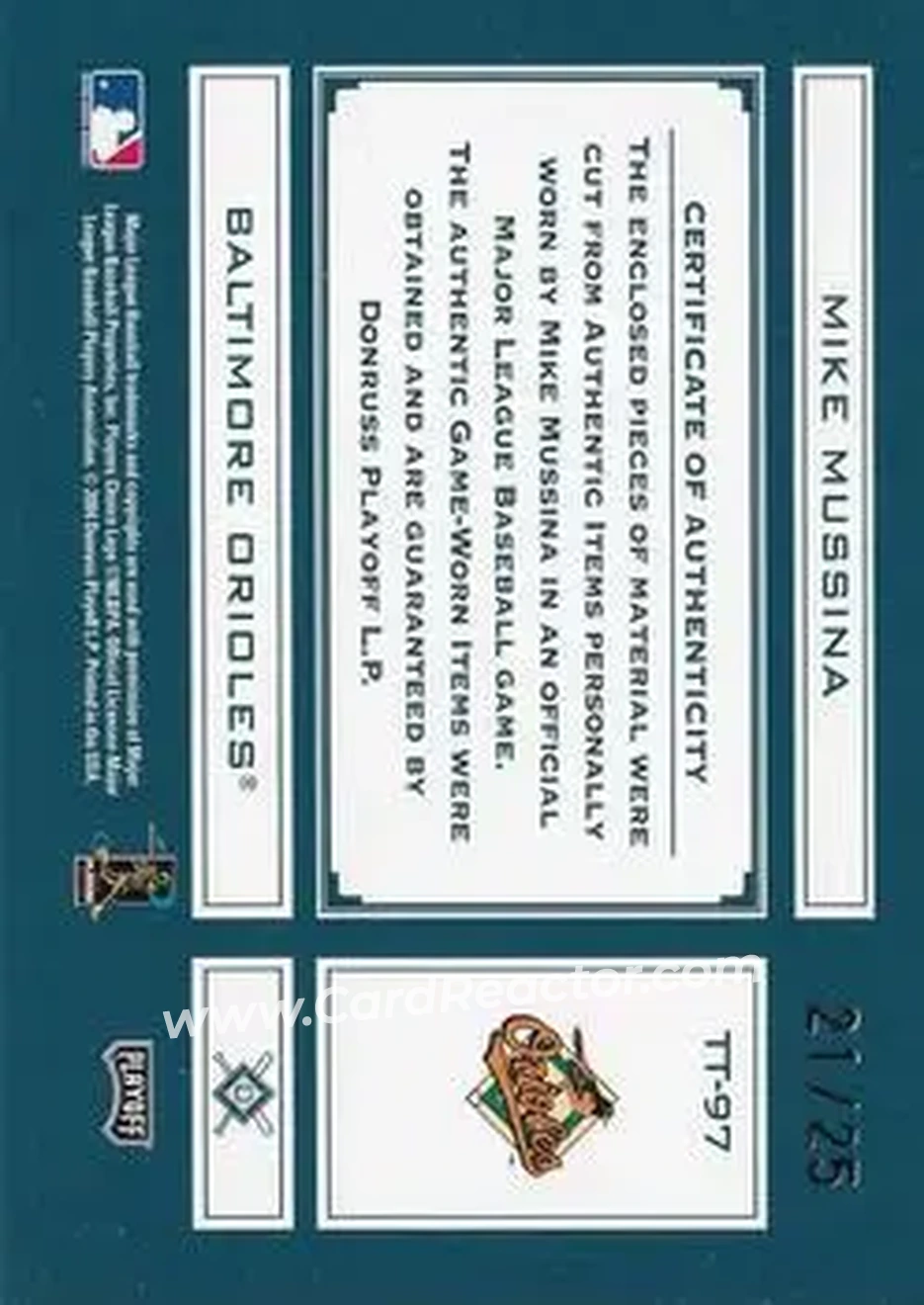 2004 Playoff Absolute Memorabilia - Tools of the Trade Material Trio #TT-97 - Mike Mussina - Baltimore Orioles - Back 2004 Playoff Absolute Memorabilia - Tools of the Trade Material Trio #TT-97 - Mike Mussina - Baltimore Orioles - Back
