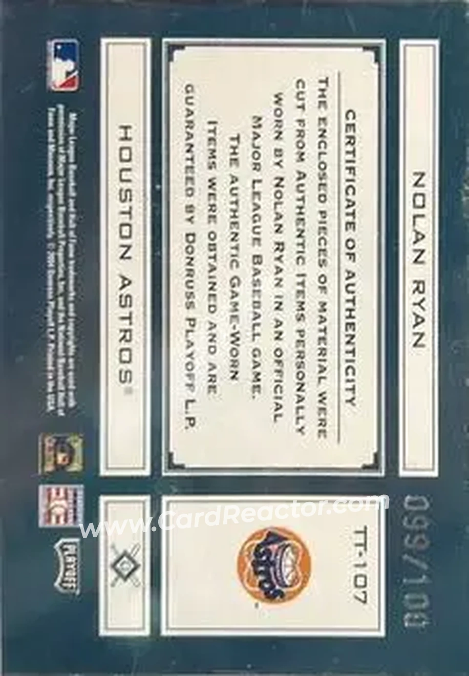 2004 Playoff Absolute Memorabilia - Tools of the Trade Material Trio #TT-107 - Nolan Ryan - Houston Astros - Back 2004 Playoff Absolute Memorabilia - Tools of the Trade Material Trio #TT-107 - Nolan Ryan - Houston Astros - Back