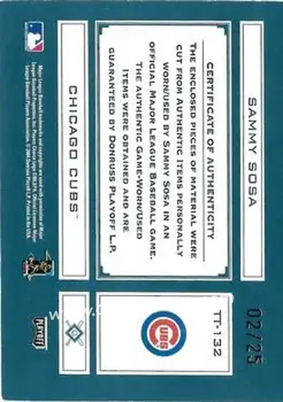 2004 Playoff Absolute Memorabilia - Tools of the Trade Material Trio #TT-132 - Sammy Sosa - Chicago Cubs - Back