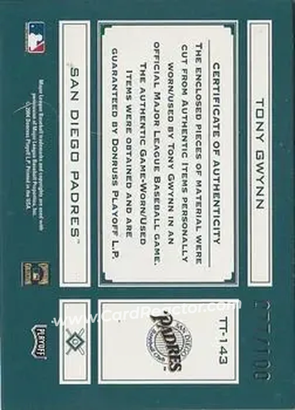 2004 Playoff Absolute Memorabilia - Tools of the Trade Material Trio #TT-143 - Tony Gwynn - San Diego Padres - Back
