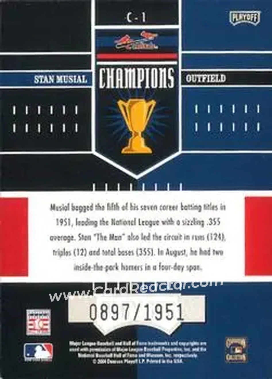 2004 Playoff Honors - Champions #C-1 - Stan Musial - St. Louis Cardinals - Back