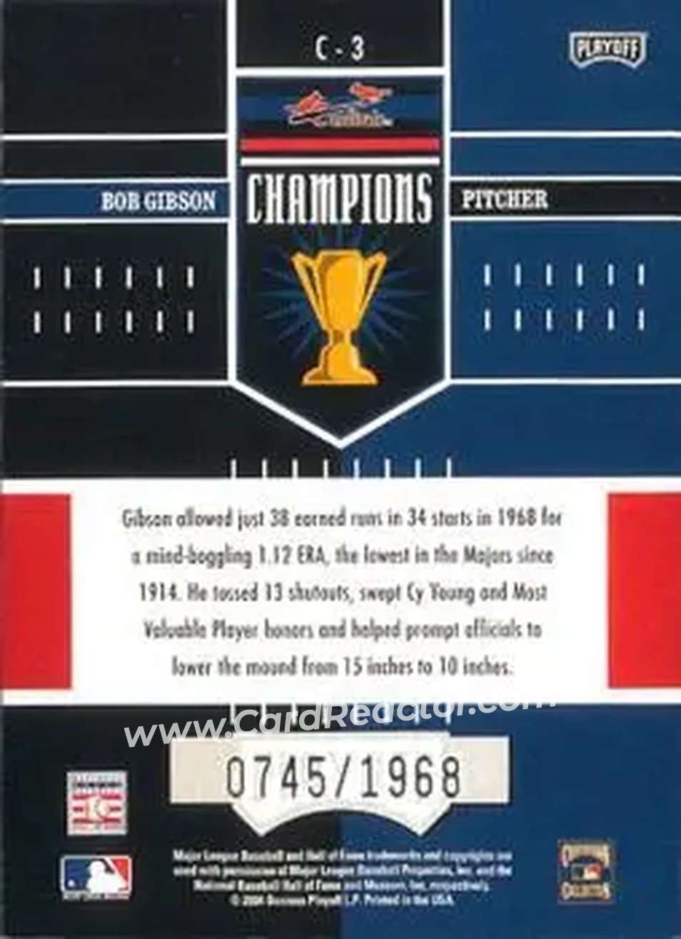 2004 Playoff Honors - Champions #C-3 - Bob Gibson - St. Louis Cardinals - Back