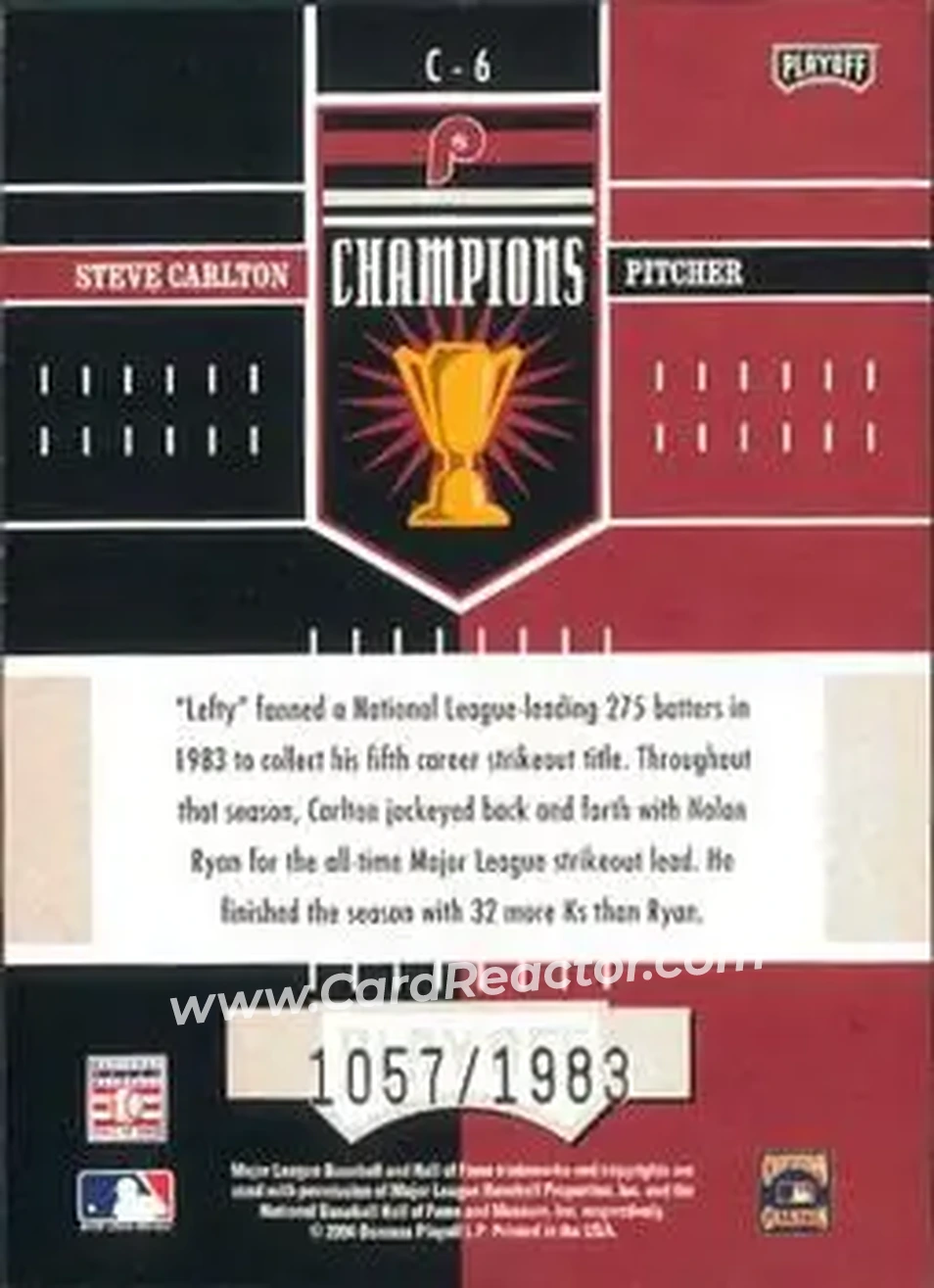 2004 Playoff Honors - Champions #C-6 - Steve Carlton - Philadelphia Phillies - Back 2004 Playoff Honors - Champions #C-6 - Steve Carlton - Philadelphia Phillies - Back