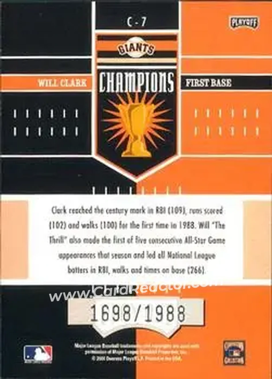 2004 Playoff Honors - Champions #C-7 - Will Clark - San Francisco Giants - Back