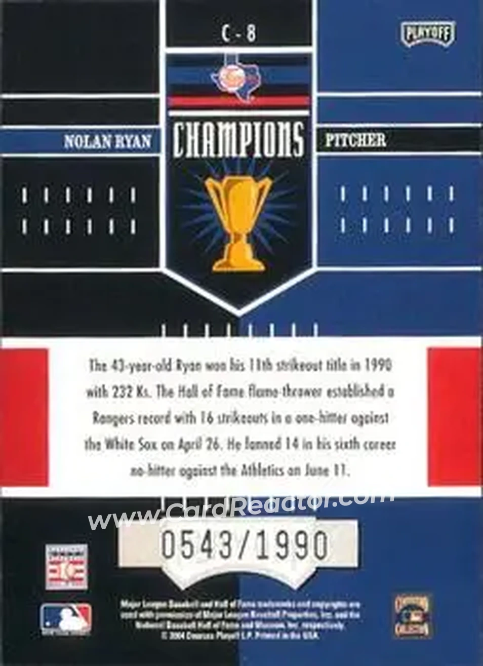 2004 Playoff Honors - Champions #C-8 - Nolan Ryan - Texas Rangers - Back