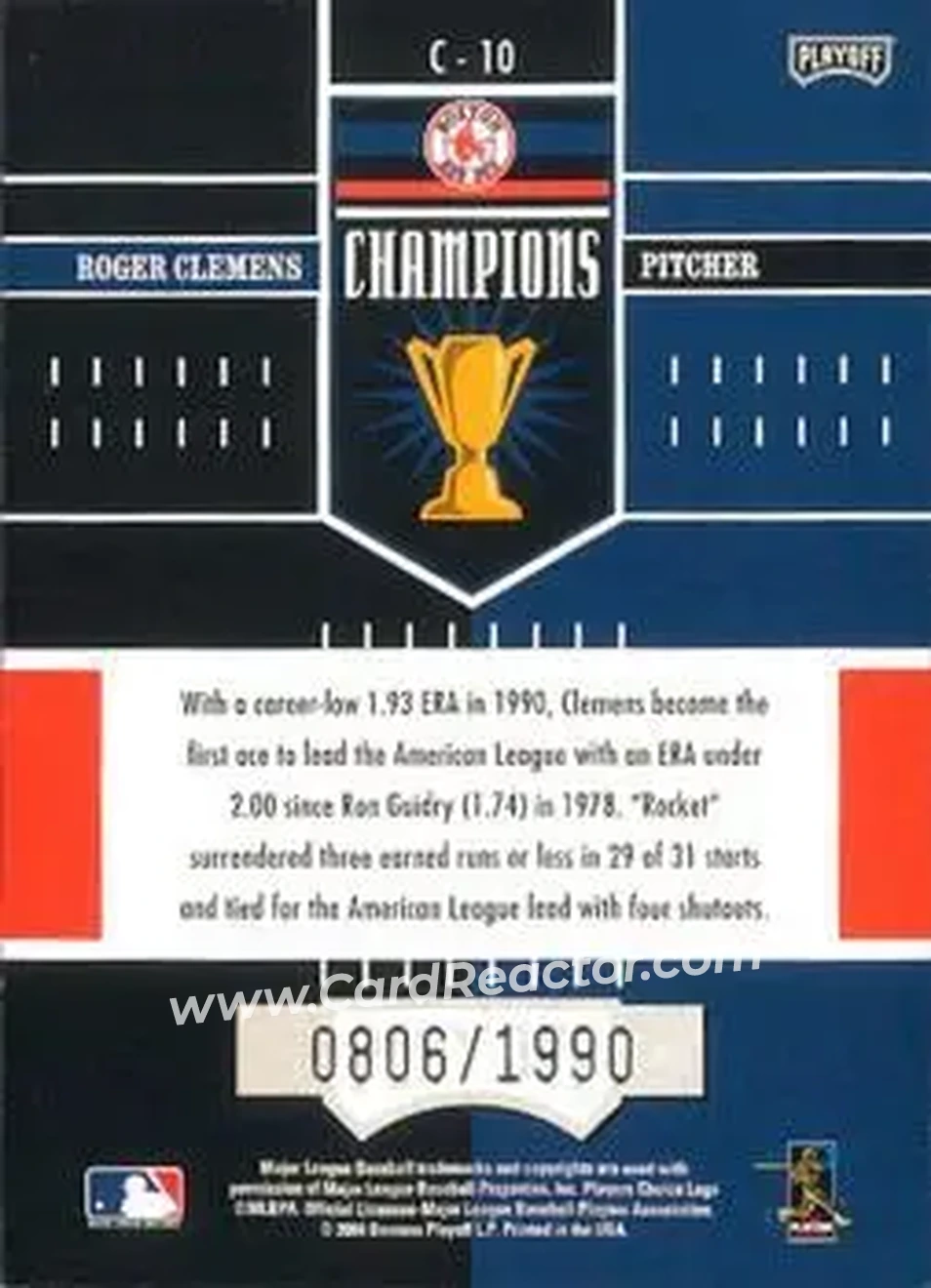 2004 Playoff Honors - Champions #C-10 - Roger Clemens - Boston Red Sox - Back 2004 Playoff Honors - Champions #C-10 - Roger Clemens - Boston Red Sox - Back