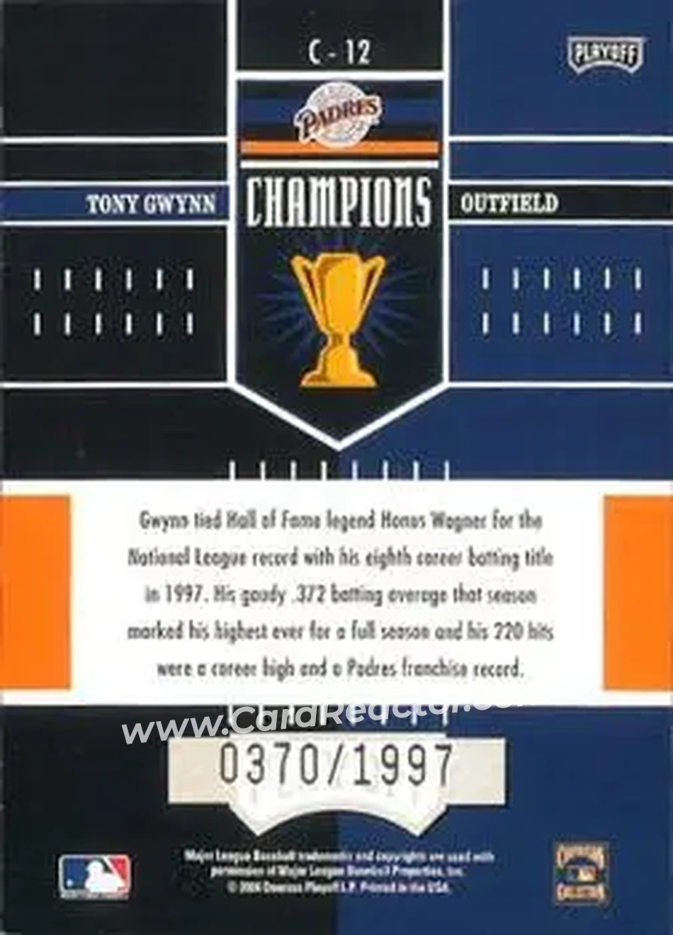2004 Playoff Honors - Champions #C-12 - Tony Gwynn - San Diego Padres - Back