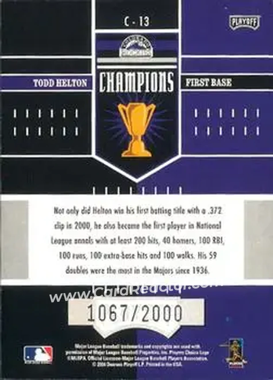 2004 Playoff Honors - Champions #C-13 - Todd Helton - Colorado Rockies - Back