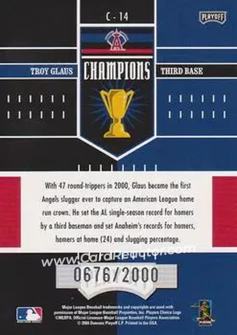 2004 Playoff Honors - Champions #C-14 - Troy Glaus - Anaheim Angels - Back