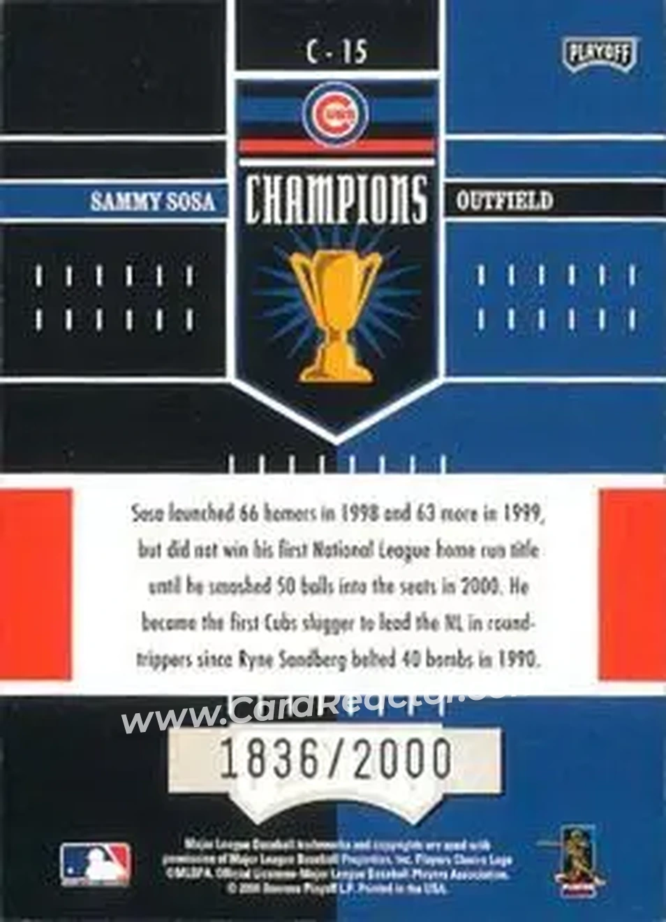 2004 Playoff Honors - Champions #C-15 - Sammy Sosa - Chicago Cubs - Back 2004 Playoff Honors - Champions #C-15 - Sammy Sosa - Chicago Cubs - Back