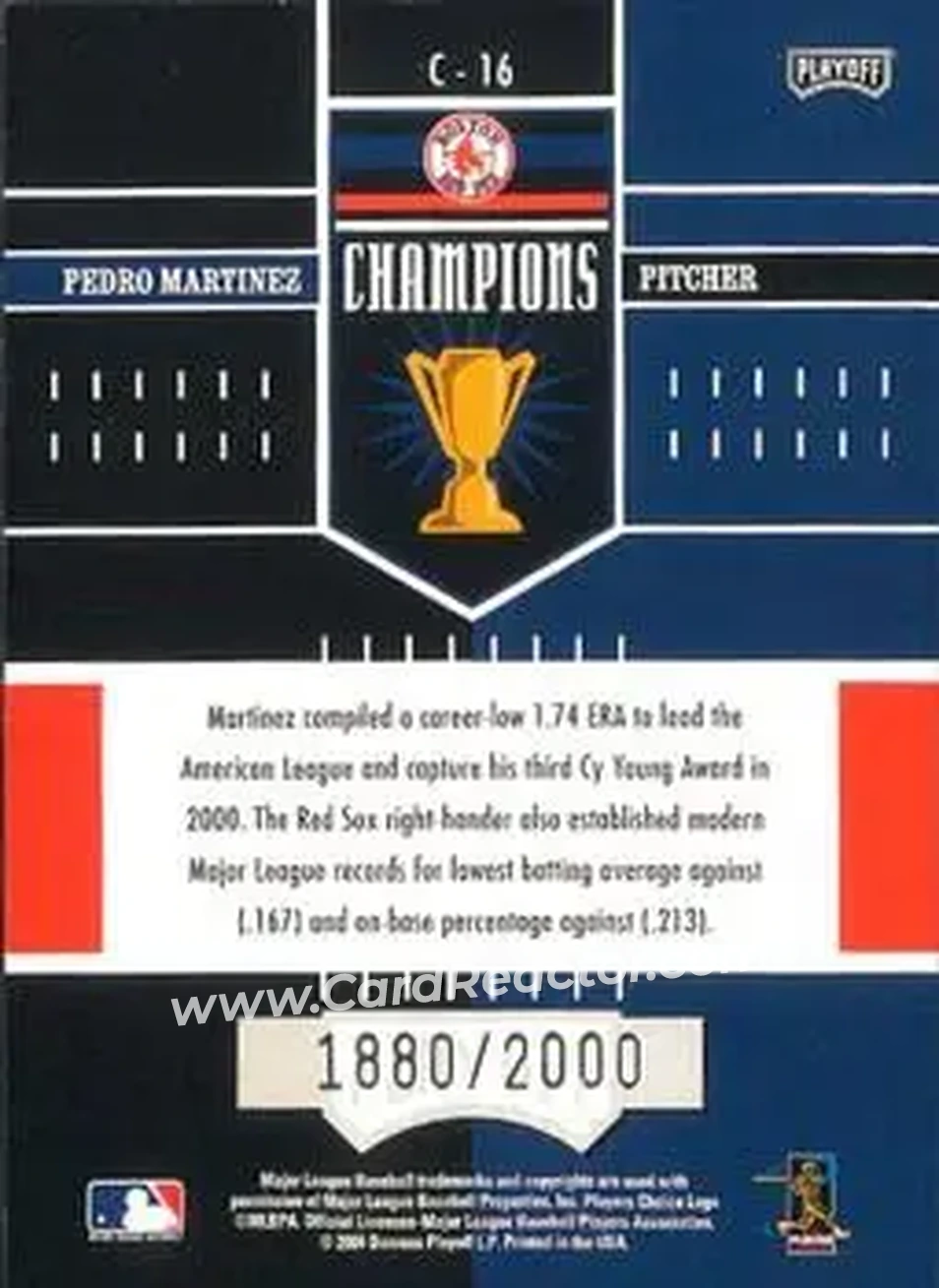 2004 Playoff Honors - Champions #C-16 - Pedro Martinez - Boston Red Sox - Back
