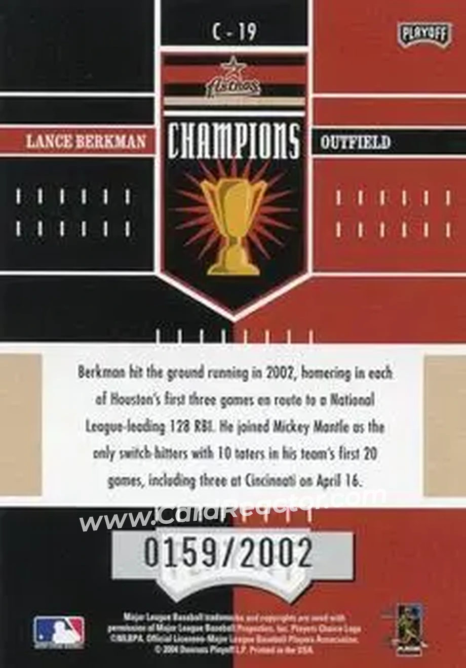 2004 Playoff Honors - Champions #C-19 - Lance Berkman - Houston Astros - Back
