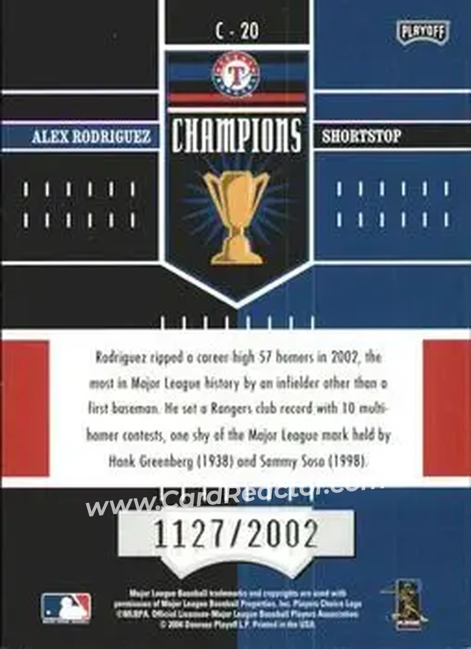 2004 Playoff Honors - Champions #C-20 - Alex Rodriguez - Texas Rangers - Back