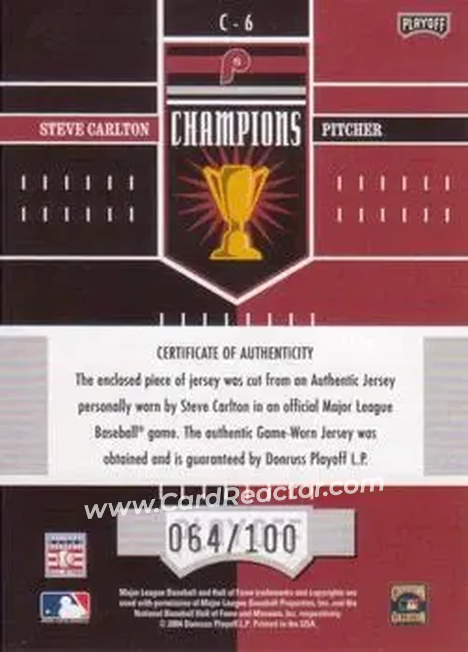 2004 Playoff Honors - Champions Jersey #C-6 - Steve Carlton - Philadelphia Phillies - Back