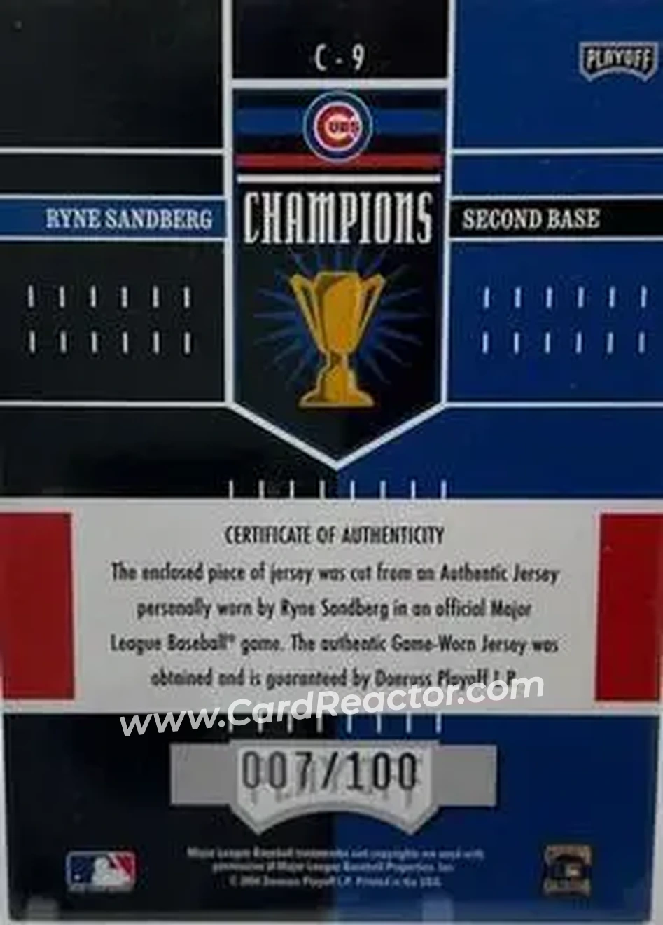 2004 Playoff Honors - Champions Jersey #C-9 - Ryne Sandberg - Chicago Cubs - Back