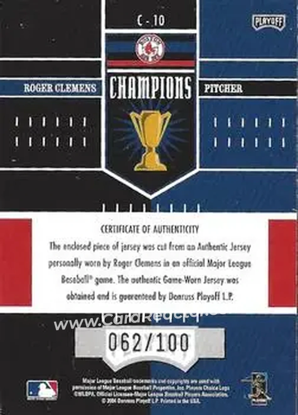 2004 Playoff Honors - Champions Jersey #C-10 - Roger Clemens - Boston Red Sox - Back