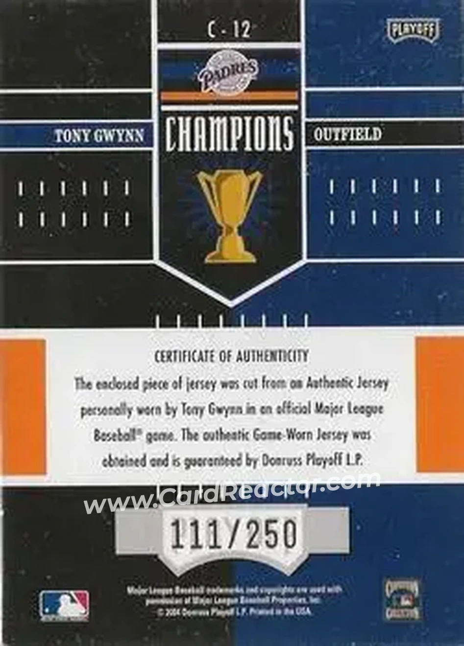 2004 Playoff Honors - Champions Jersey #C-12 - Tony Gwynn - San Diego Padres - Back