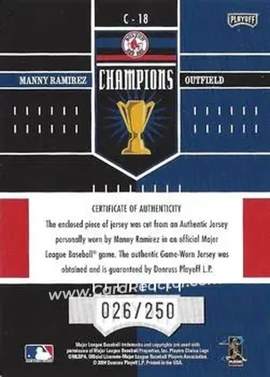 2004 Playoff Honors - Champions Jersey #C-18 - Manny Ramirez - Boston Red Sox - Back 2004 Playoff Honors - Champions Jersey #C-18 - Manny Ramirez - Boston Red Sox - Back