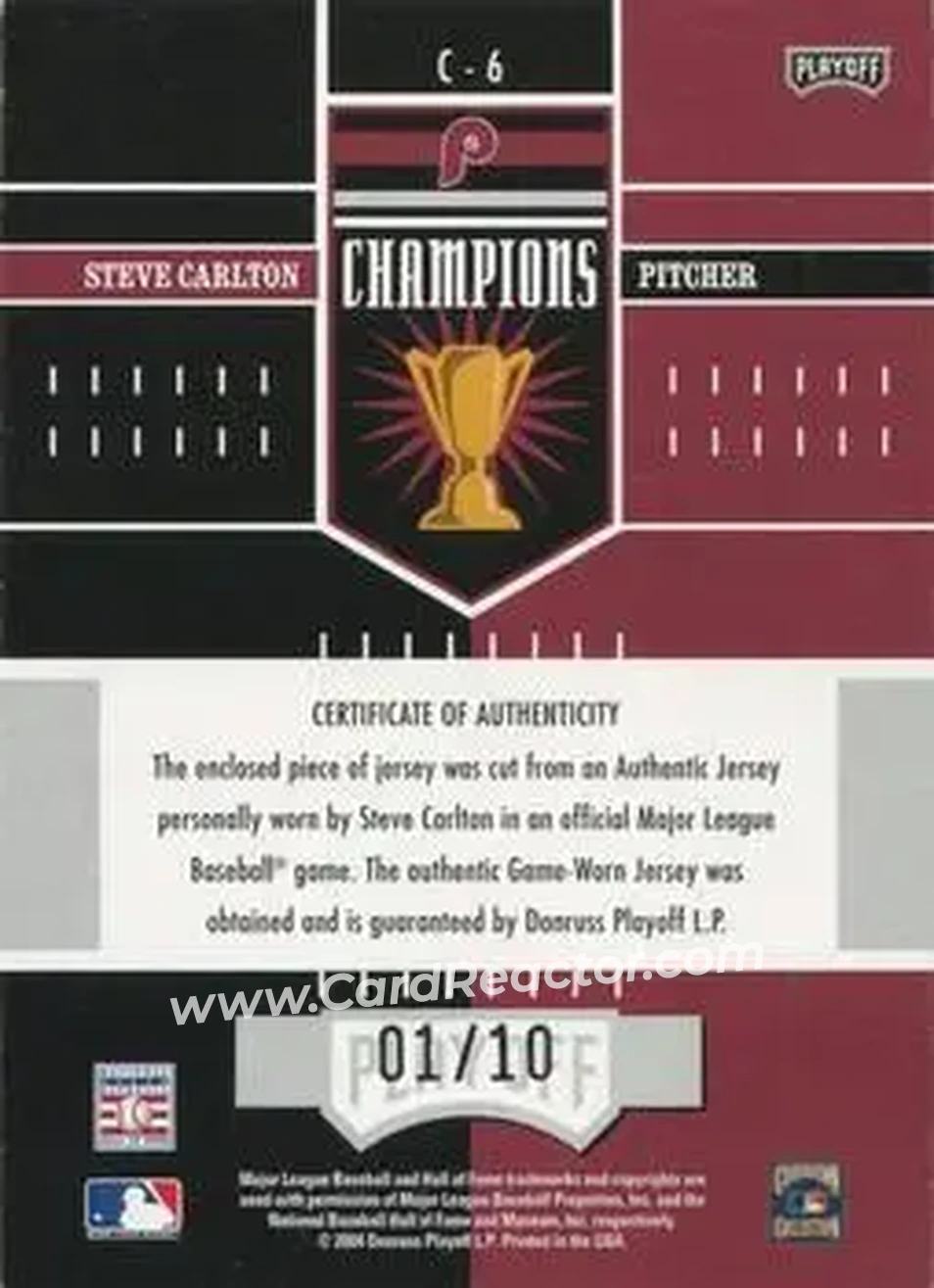2004 Playoff Honors - Champions Jersey Prime #C-6 - Steve Carlton - Philadelphia Phillies - Back