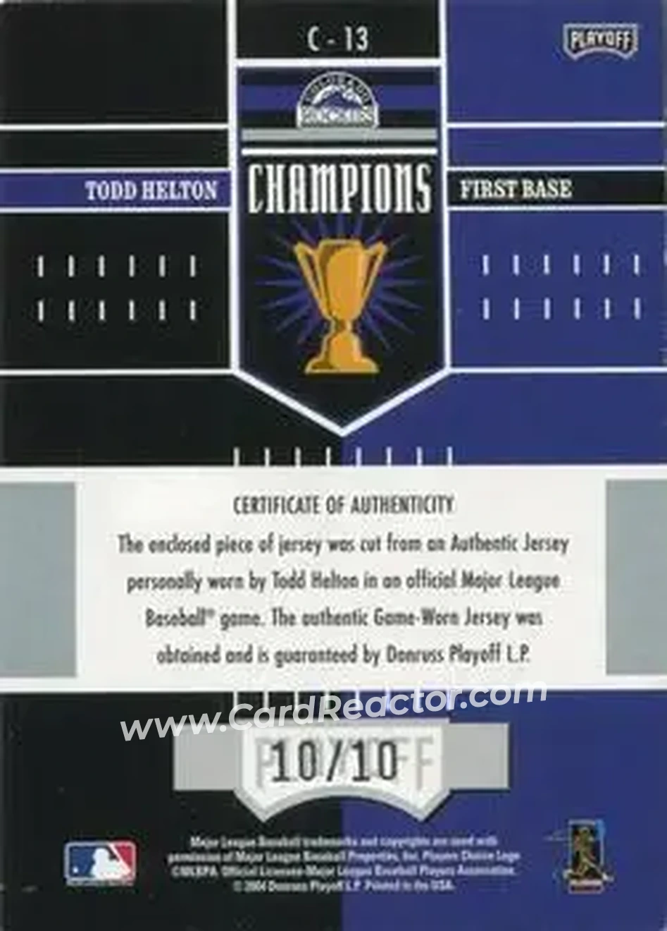 2004 Playoff Honors - Champions Jersey Prime #C-13 - Todd Helton - Colorado Rockies - Back