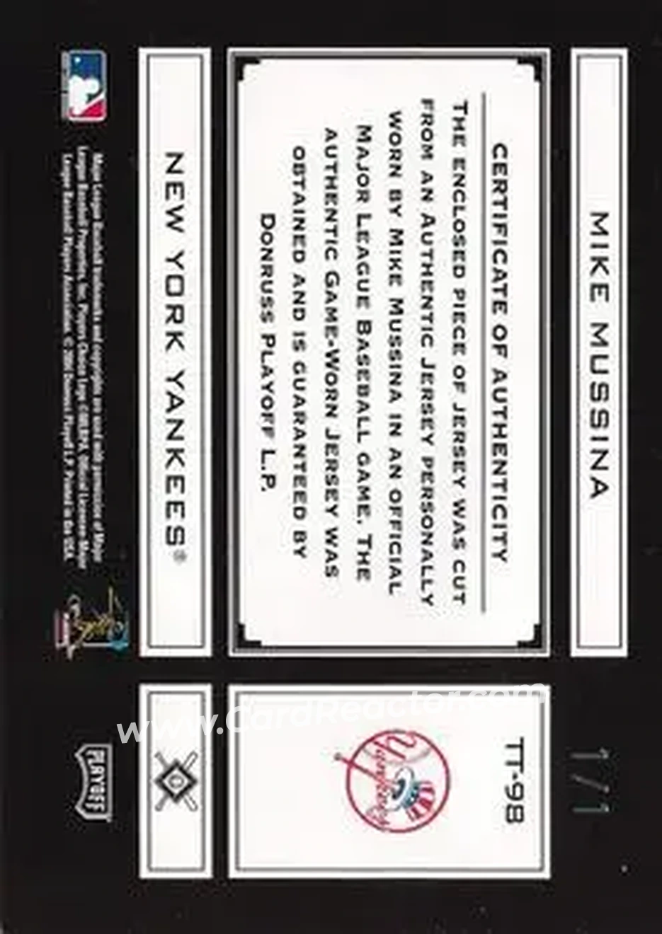 2004 Playoff Absolute Memorabilia - Tools of the Trade Material Single Jumbo PS #TT-98 - Mike Mussina - New York Yankees - Back