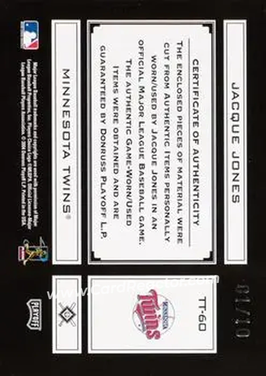2004 Playoff Absolute Memorabilia - Tools of the Trade Material Trio PS #TT-60 - Jacque Jones - Minnesota Twins - Back