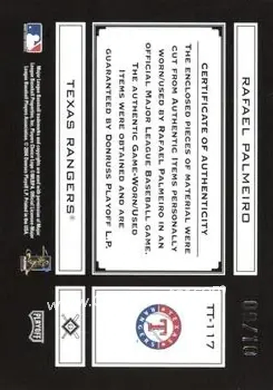 2004 Playoff Absolute Memorabilia - Tools of the Trade Material Trio PS #TT-117 - Rafael Palmeiro - Texas Rangers - Back