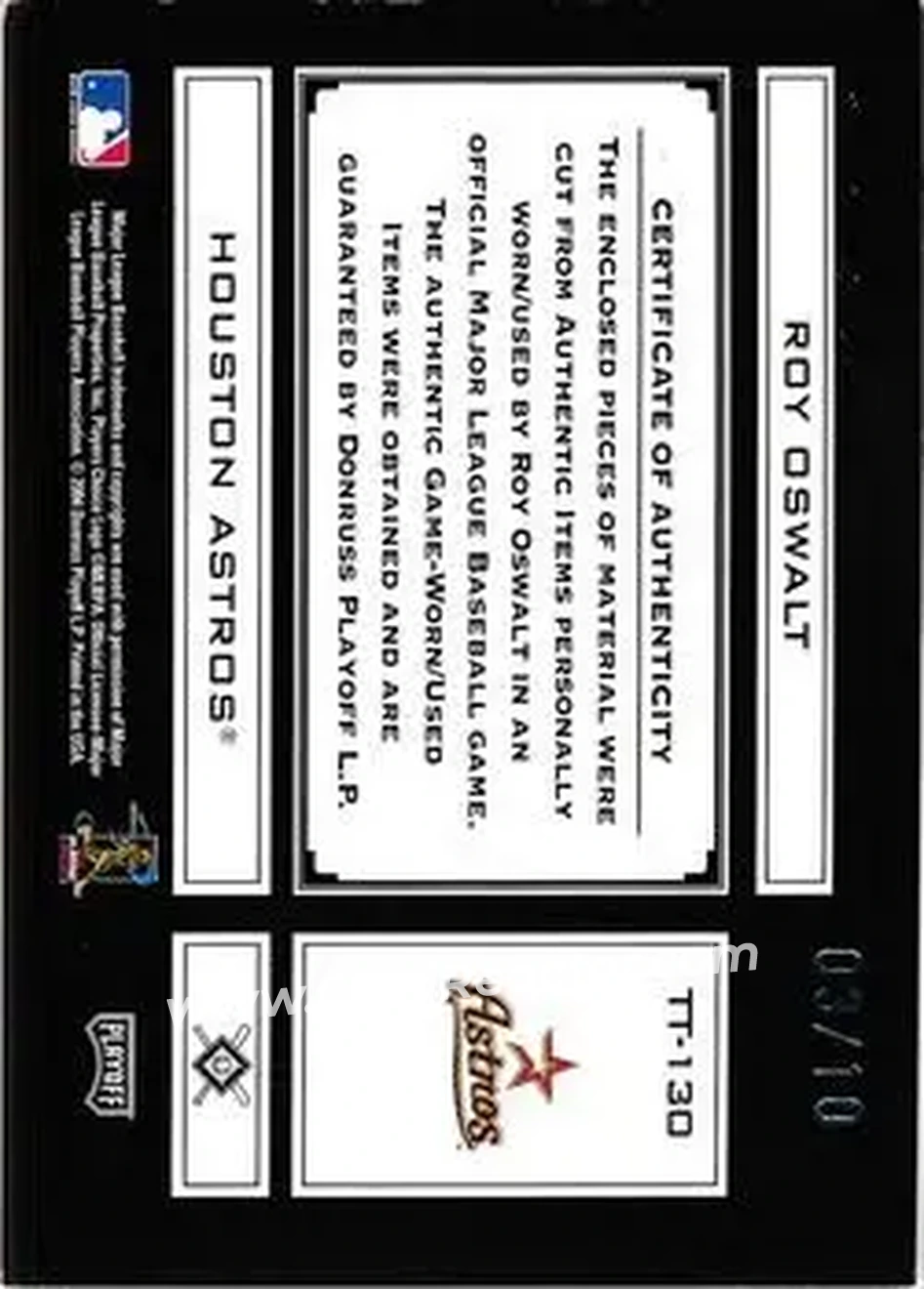 2004 Playoff Absolute Memorabilia - Tools of the Trade Material Trio PS #TT-130 - Roy Oswalt - Houston Astros - Back