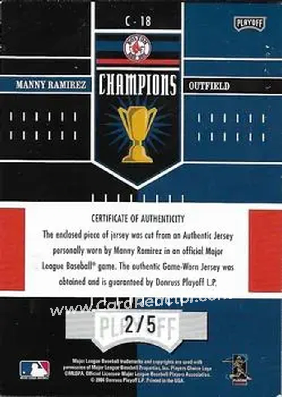 2004 Playoff Honors - Champions Jersey Signature Prime #C-18 - Manny Ramirez - Boston Red Sox - Back